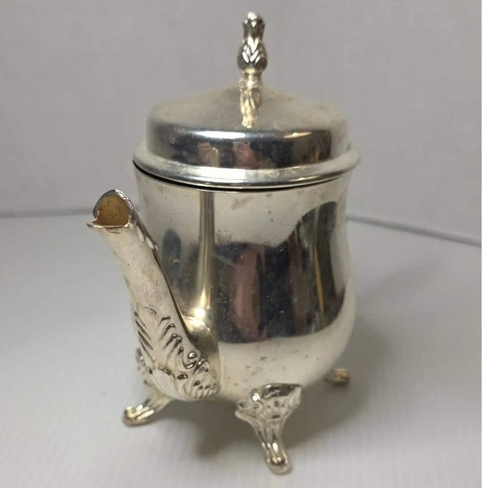 Vintage‎ Silver Plate Mini Teapot Creamer Ornate Footed Hinged Lid Unmarked